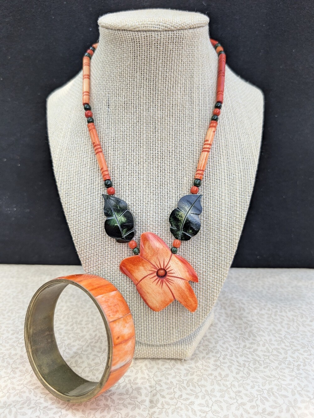 Vintage Carved Orange Floral Statement Necklace with Matching Bangle Bracelet
